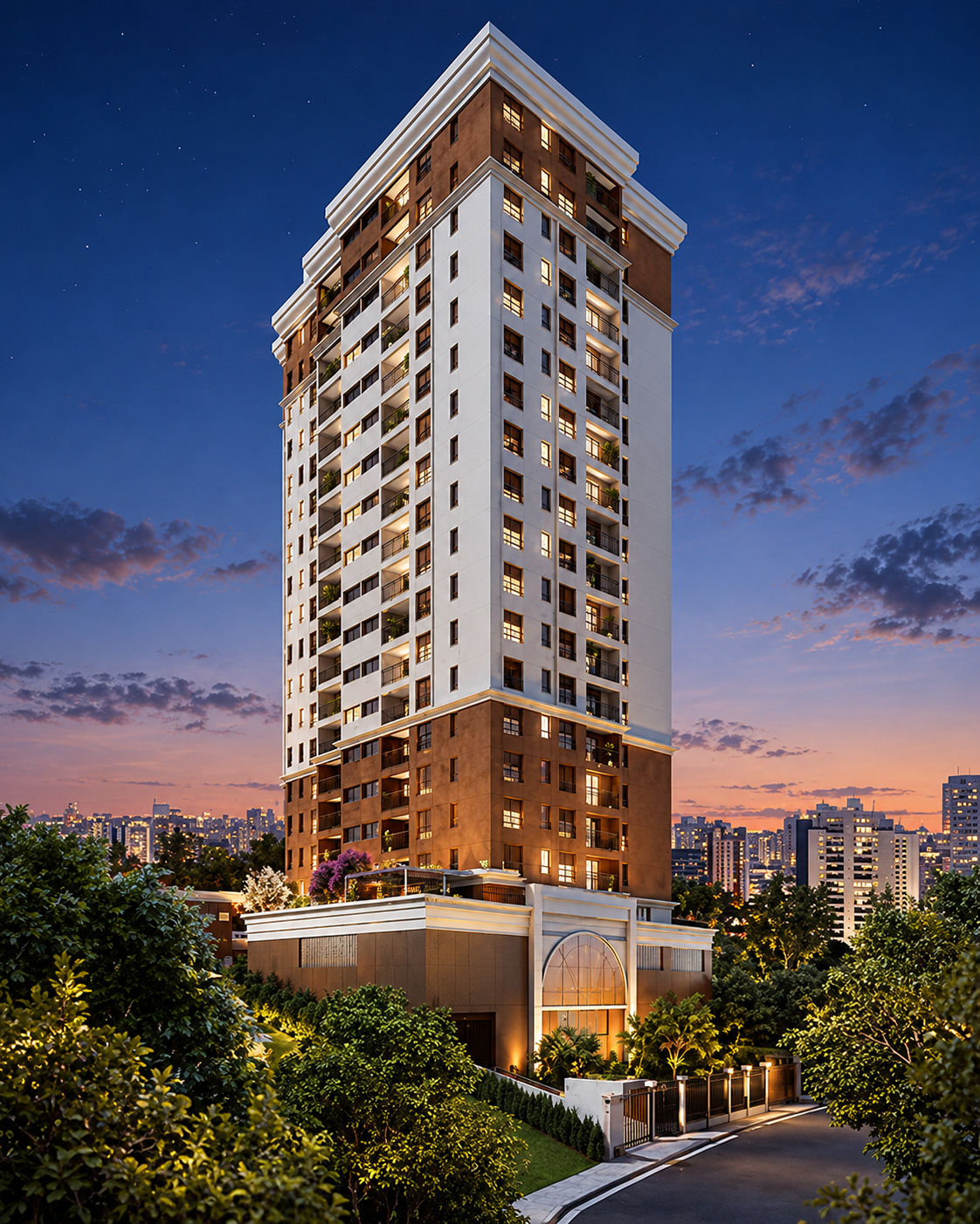 Torre residencial iluminada ao entardecer